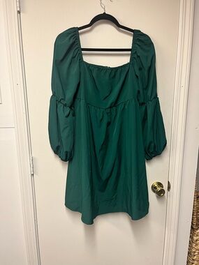 Emerald Green Puff Sleeve Square Neck Dress - Women